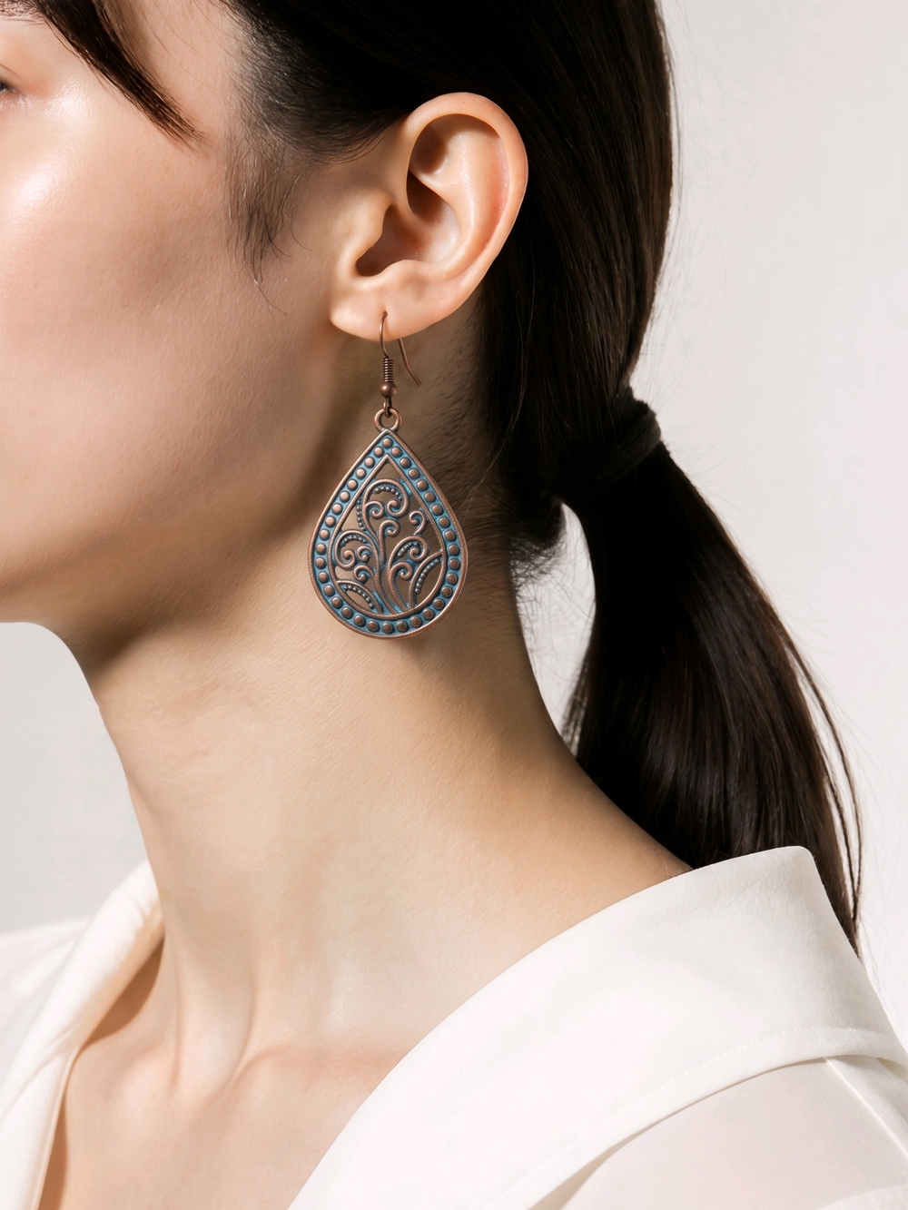 Turquoise Patina Teardrop Filigree Drop Earrings